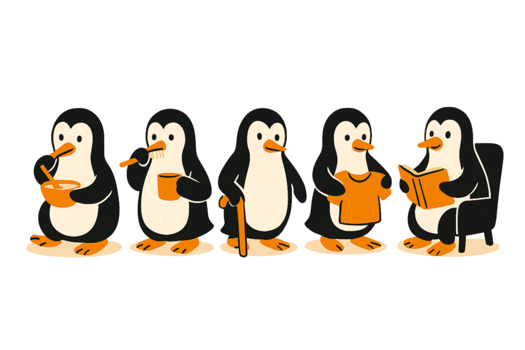 Five penguins engaging in activities