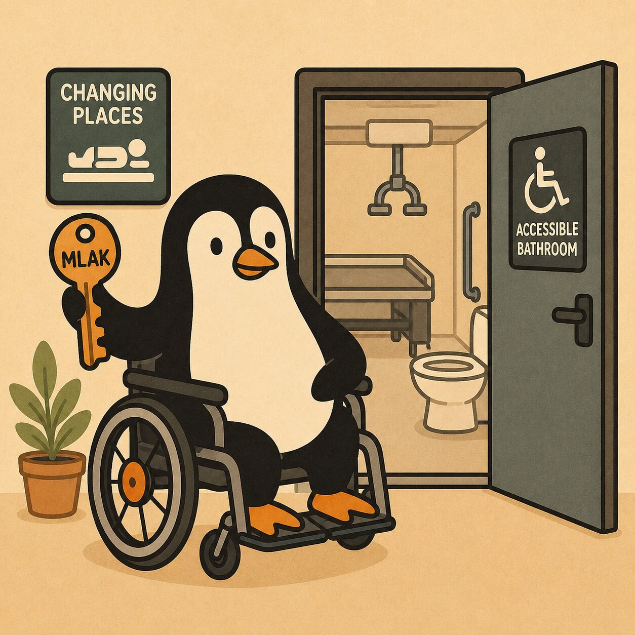 Occupational therapist supporting an adult wheelchair user to access a Changing Places accessible bathroom facility in the community.