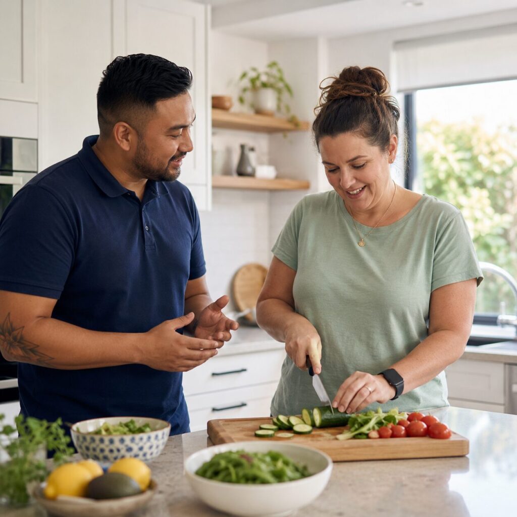 Occupational Therapist supporting an adult to prepare food and discuss everyday strategies during a home visit.