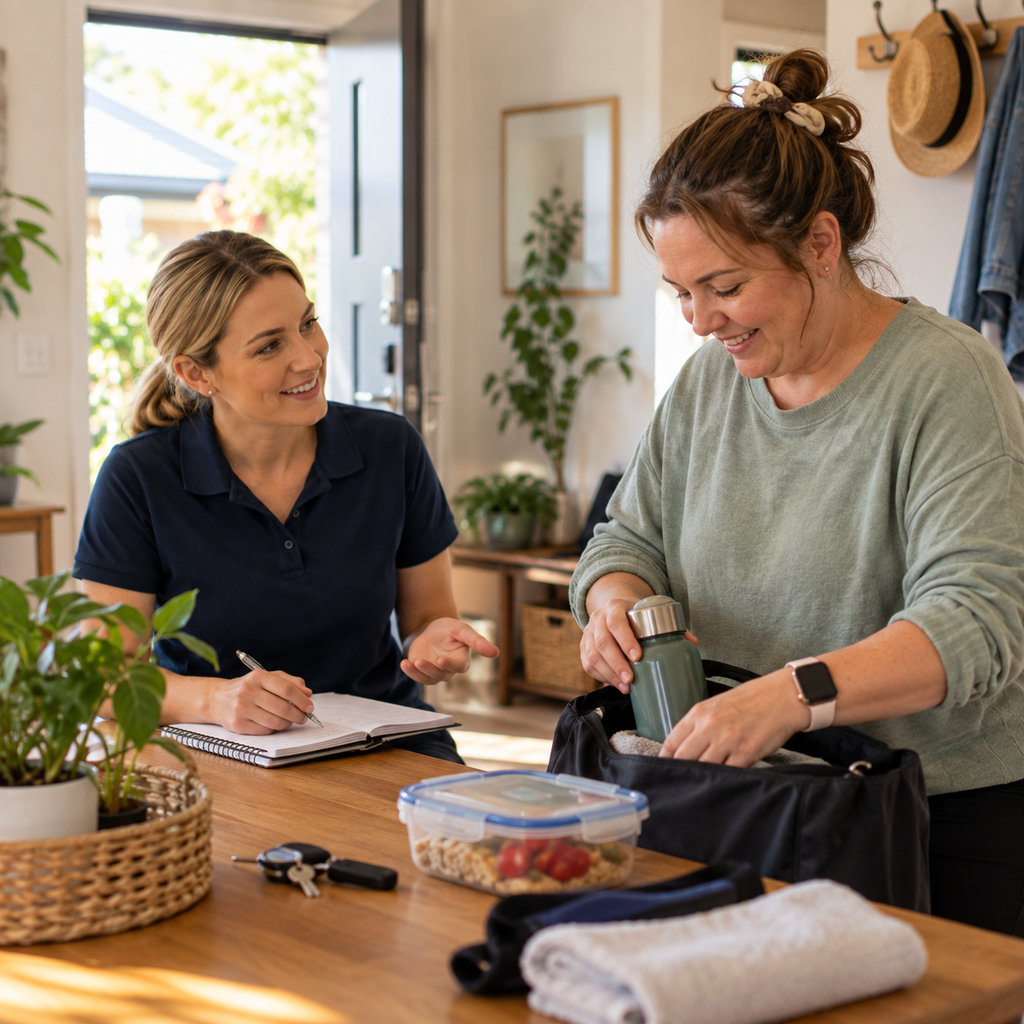 Occupational Therapist discussing everyday goals with an adult during a mobile home visit in the Ipswich area.