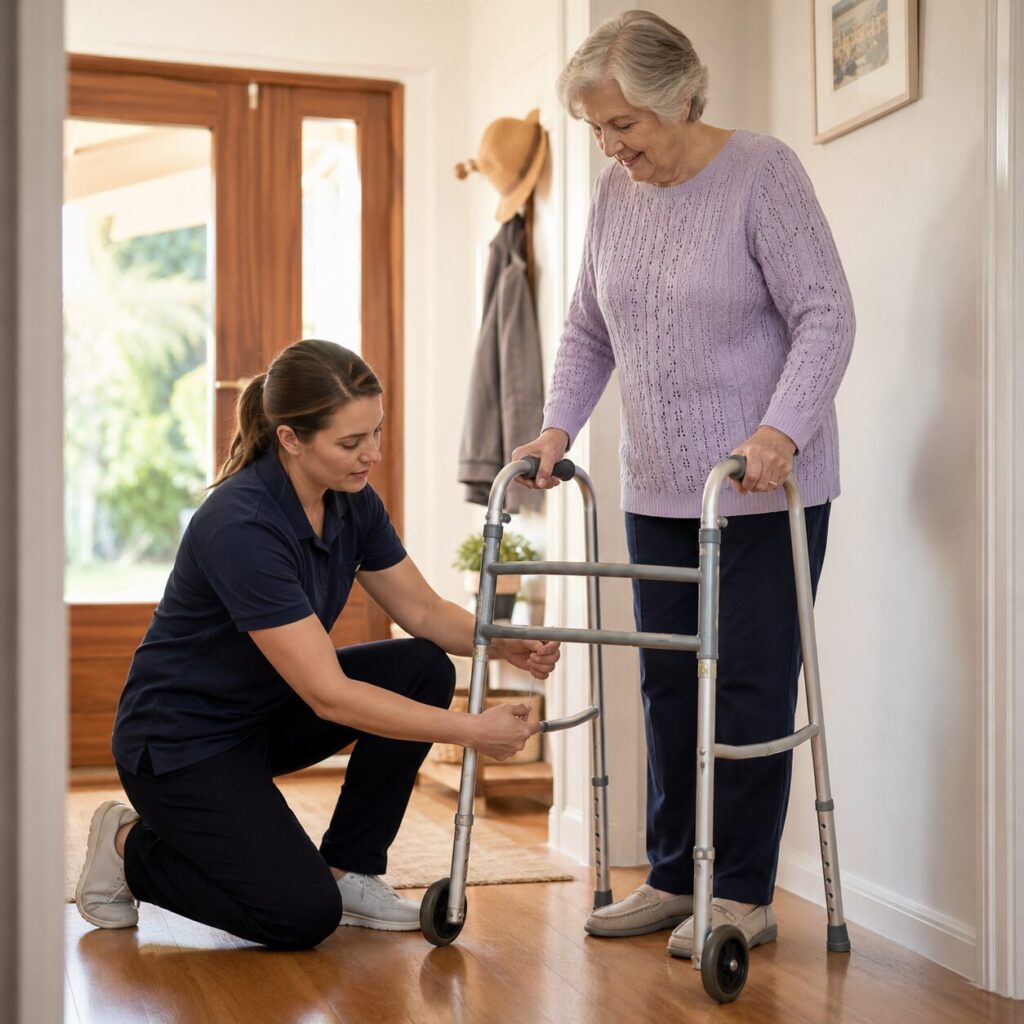 Occupational therapist checking the height of a woman’s walker during an Assistive Technology assessment.