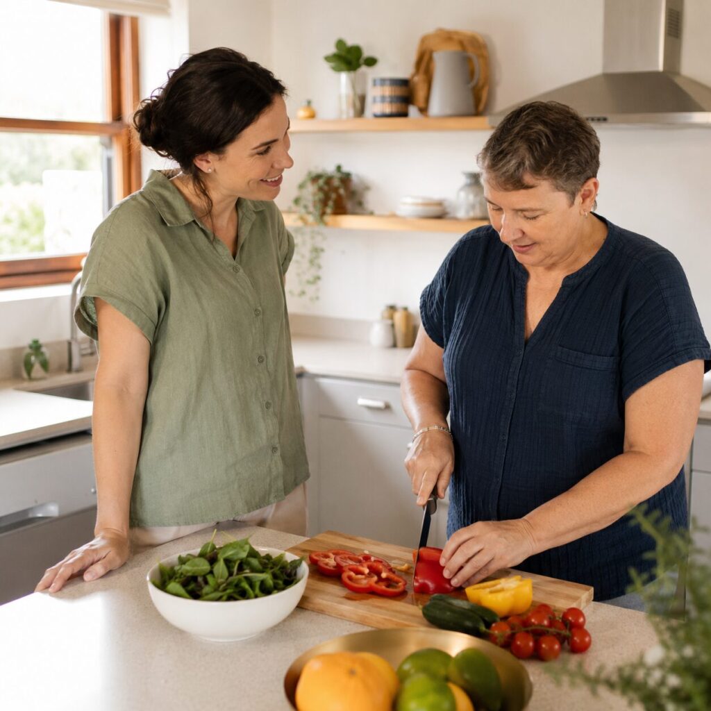 Occupational Therapist supporting an adult to practise meal preparation during a capacity-building home visit.