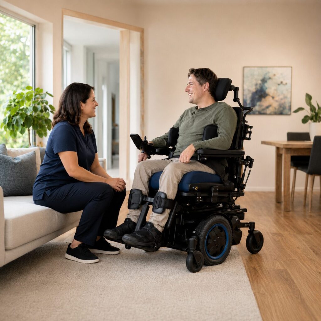 Occupational therapist reviewing powered wheelchair seating and positioning with an adult during an equipment trial.