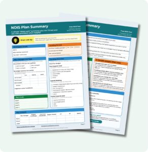 Preview of the Free NDIS Plan Summary tool for recording plan dates, funding, management type, goals and key contacts.