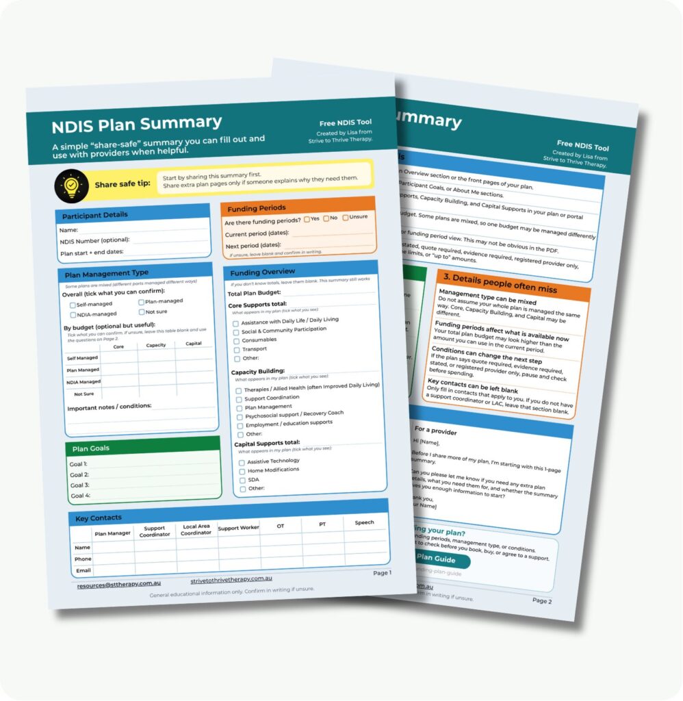 Preview of the Free NDIS Plan Summary tool for recording plan dates, funding, management type, goals and key contacts.