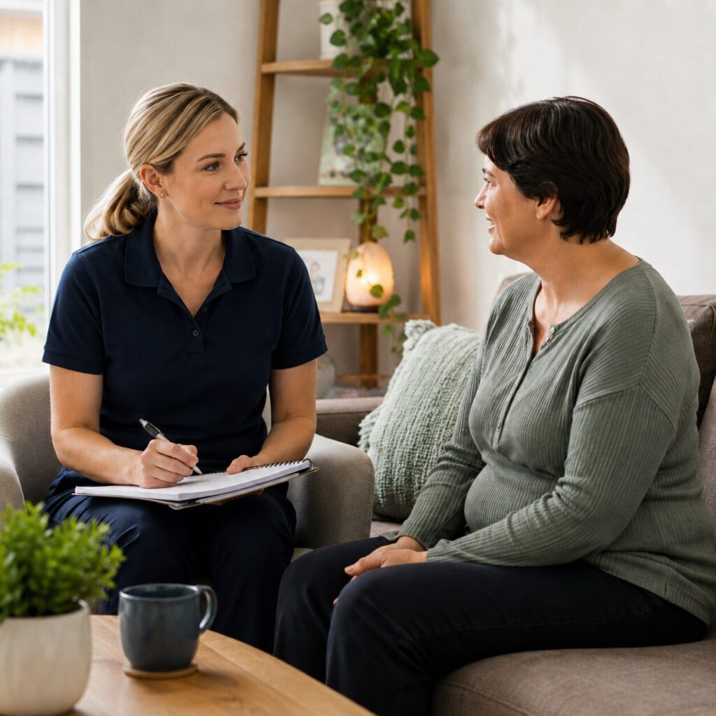Occupational Therapist speaking with an adult during a Functional Capacity Assessment in a calm home setting.