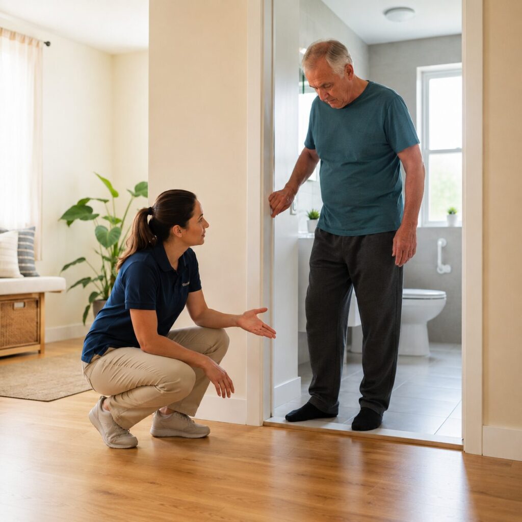 Occupational Therapist discussing a doorway access concern with an adult during a home modification assessment.