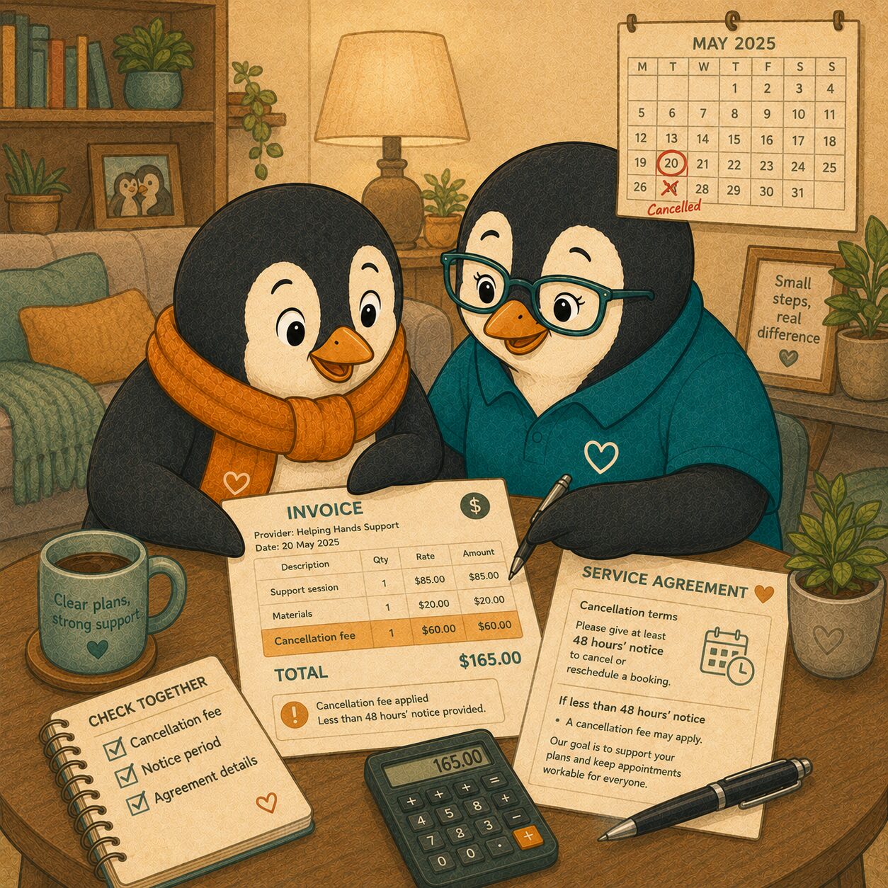 NDIS participant reviewing a cancellation charge on a provider invoice with a support person.