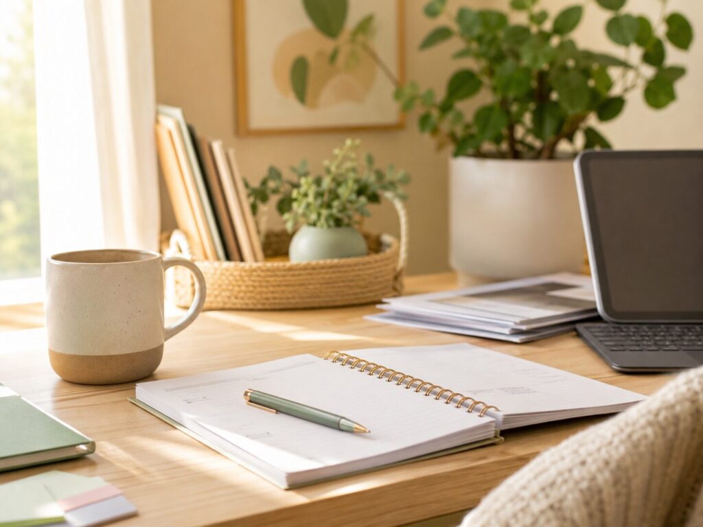Warm workspace with a notebook, laptop, books and plants, representing practical occupational therapy and NDIS resources.