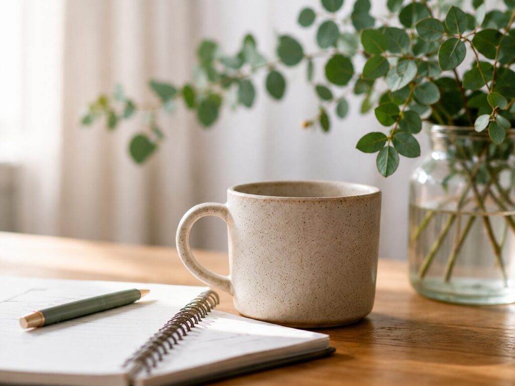 Coffee mug, notebook and pen on a desk with greenery, representing reflection and career planning for occupational therapists.